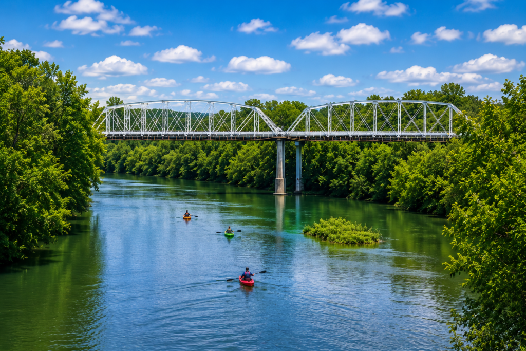 Historic Bastrop bridge over the Colorado River with three kayakers in Bastrop, Texas.