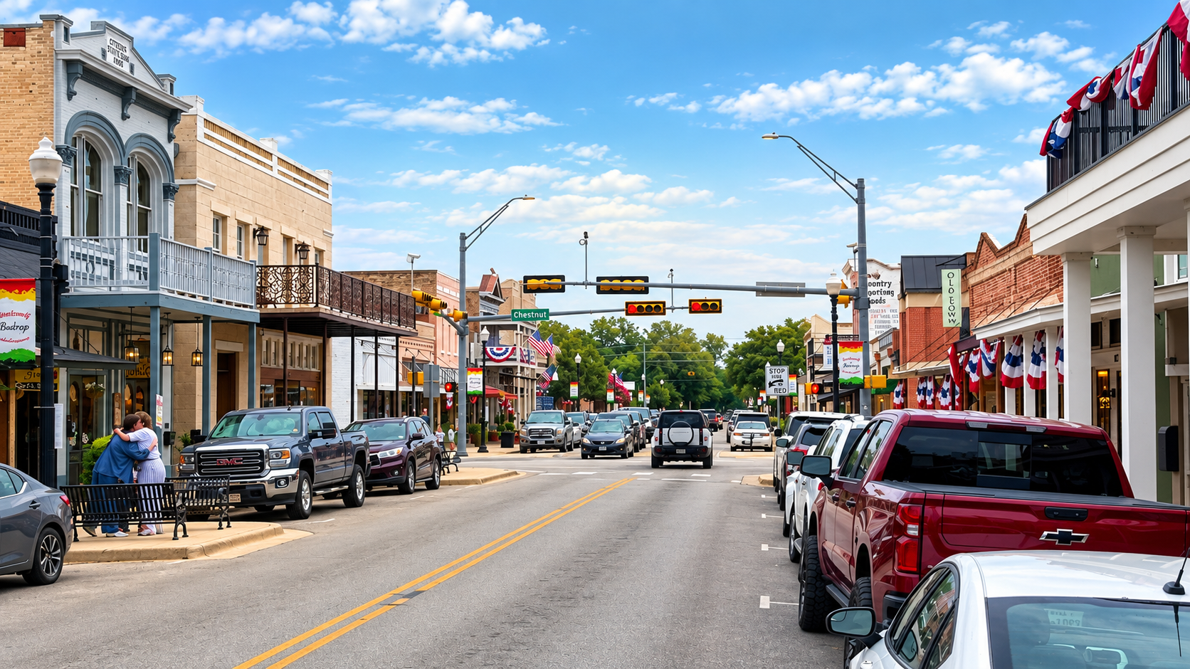 Historic Main Street in downtown Bastrop, Texas, with local storefronts and businesses.